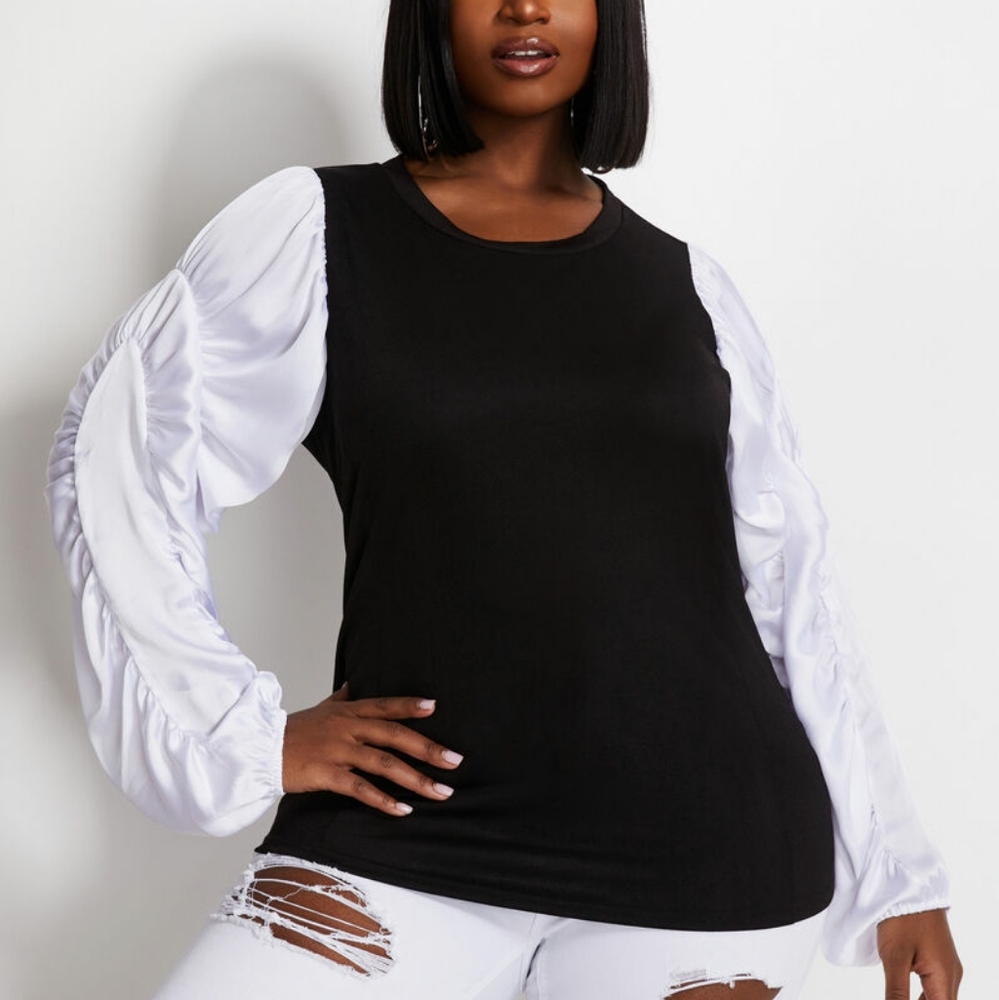 ColorBlock Stretch Knit Satin Ruched Sleeve Top